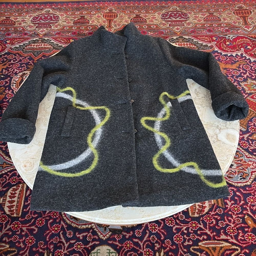 Aino Finland Dark Grey & Lime Green Wool Car Length Coat - Picture 12 of 15